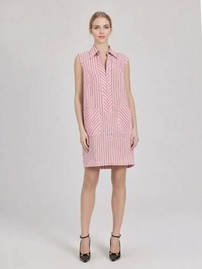 Vintage 1960s Skimma Pink White Striped Collared Shift Shirt Dress, size M/L